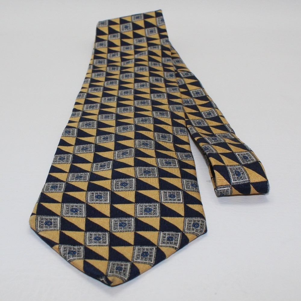 Puritan Mens Silk Tie Navy Blue Gold Geometric Medallion Made in USA 3.75 Wide